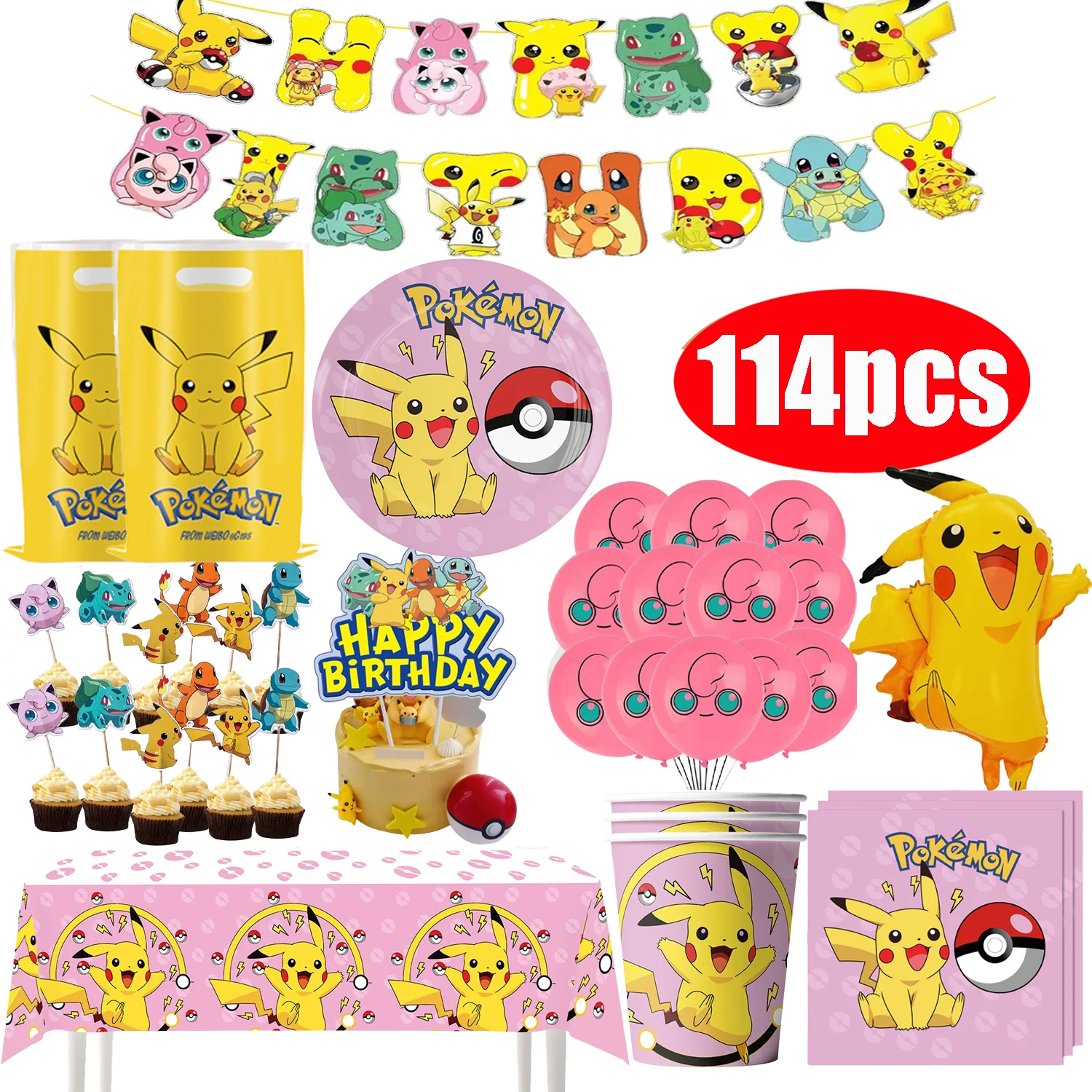 Balony foliowe Pokemon na przyjęcie urodzinowe, dekoracje, artykuły dla dzieci, jednorazowa zastawa stołowa, kubki, talerze, serwetki.