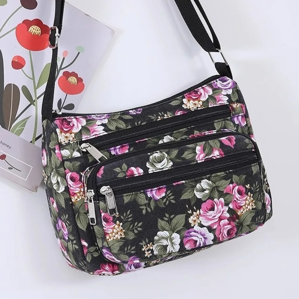 Flower Print Women Shoulder Bags Oxford Diagonal Multifunctional Small Square Handbag Multi Layered Nylon Crossbody Bag Travel