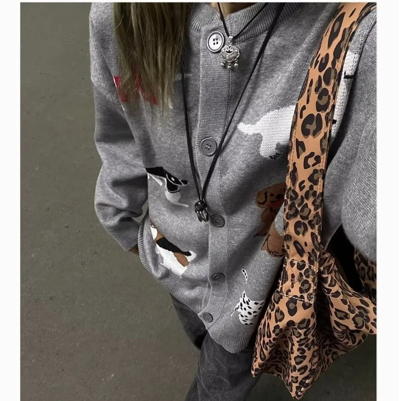 Lazy Style American Vintage Cardigan Long Sleeve Single Breasted Cartoon Jacquard Sweaters Casual Loose Cute Women Clothing 2025