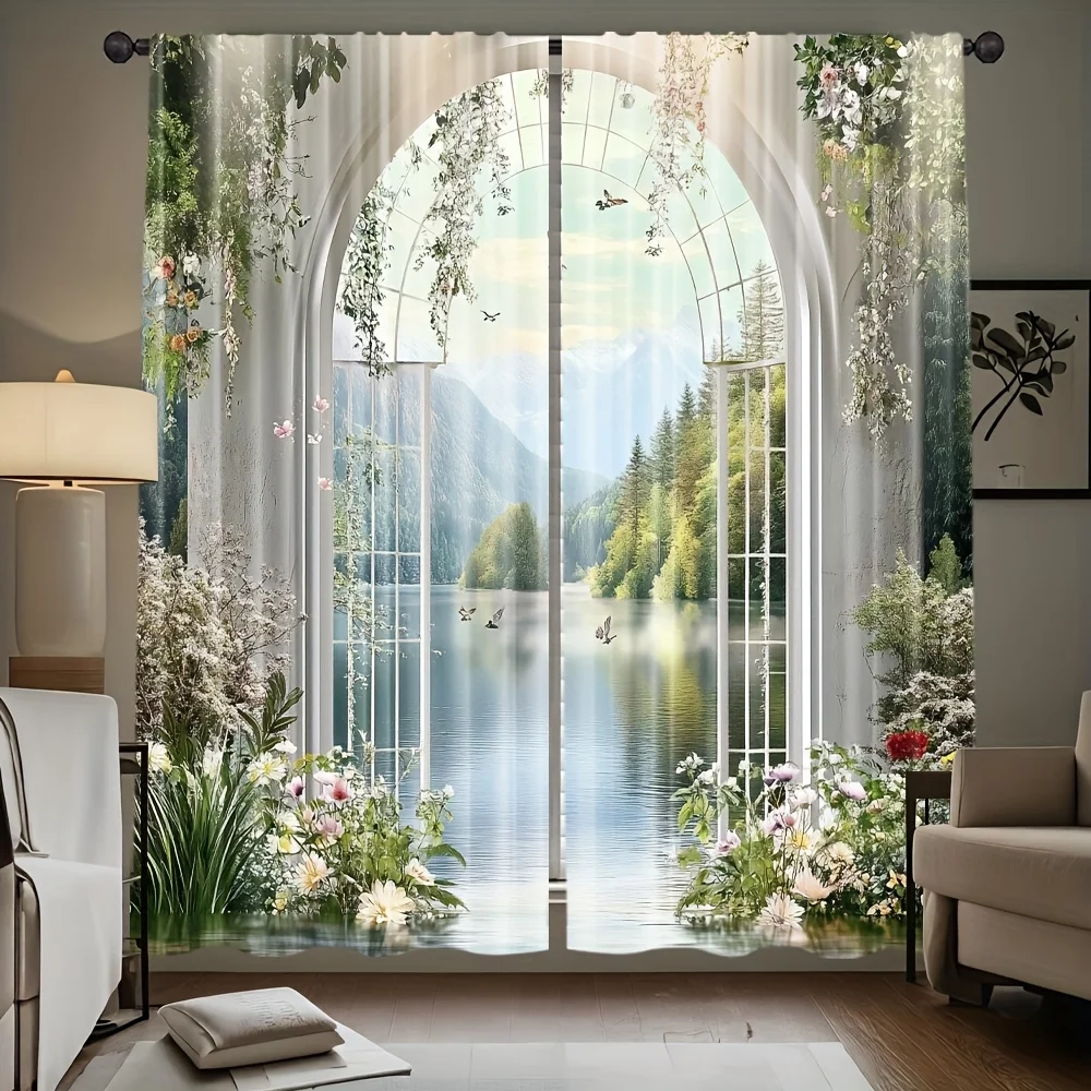 2 Panels 3D Printed Polyester Curtains Arch Window Lake View Blackout Drapes for Living Room Bedroom Home Decor