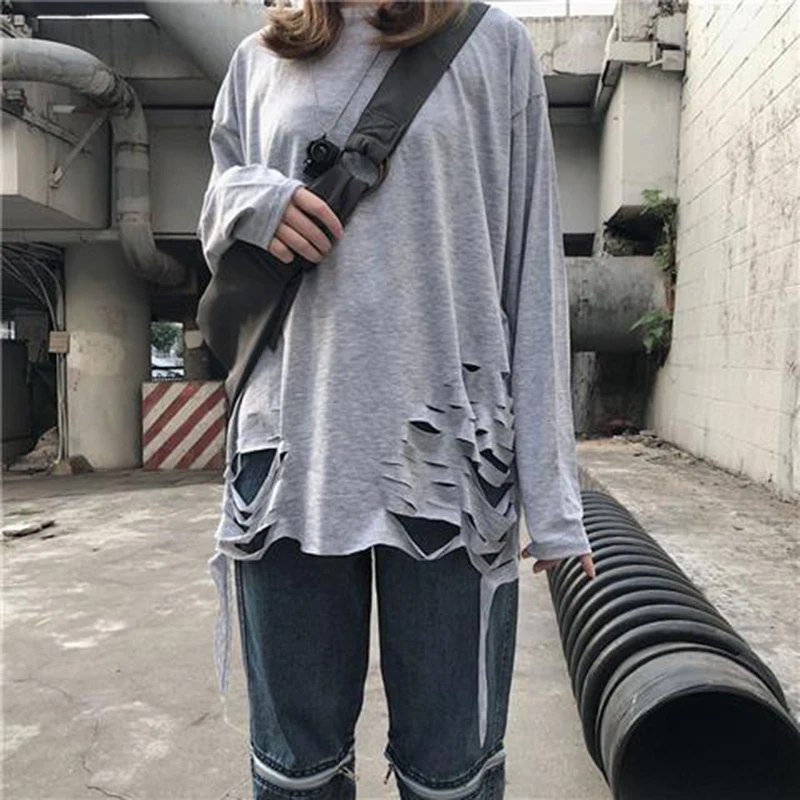 Hip Hop Ripped Hole Women Long Sleeve T Shirts 2022 New Korean Fashion Causal Harajuku Oversized Punk Gothic Clothes Black White