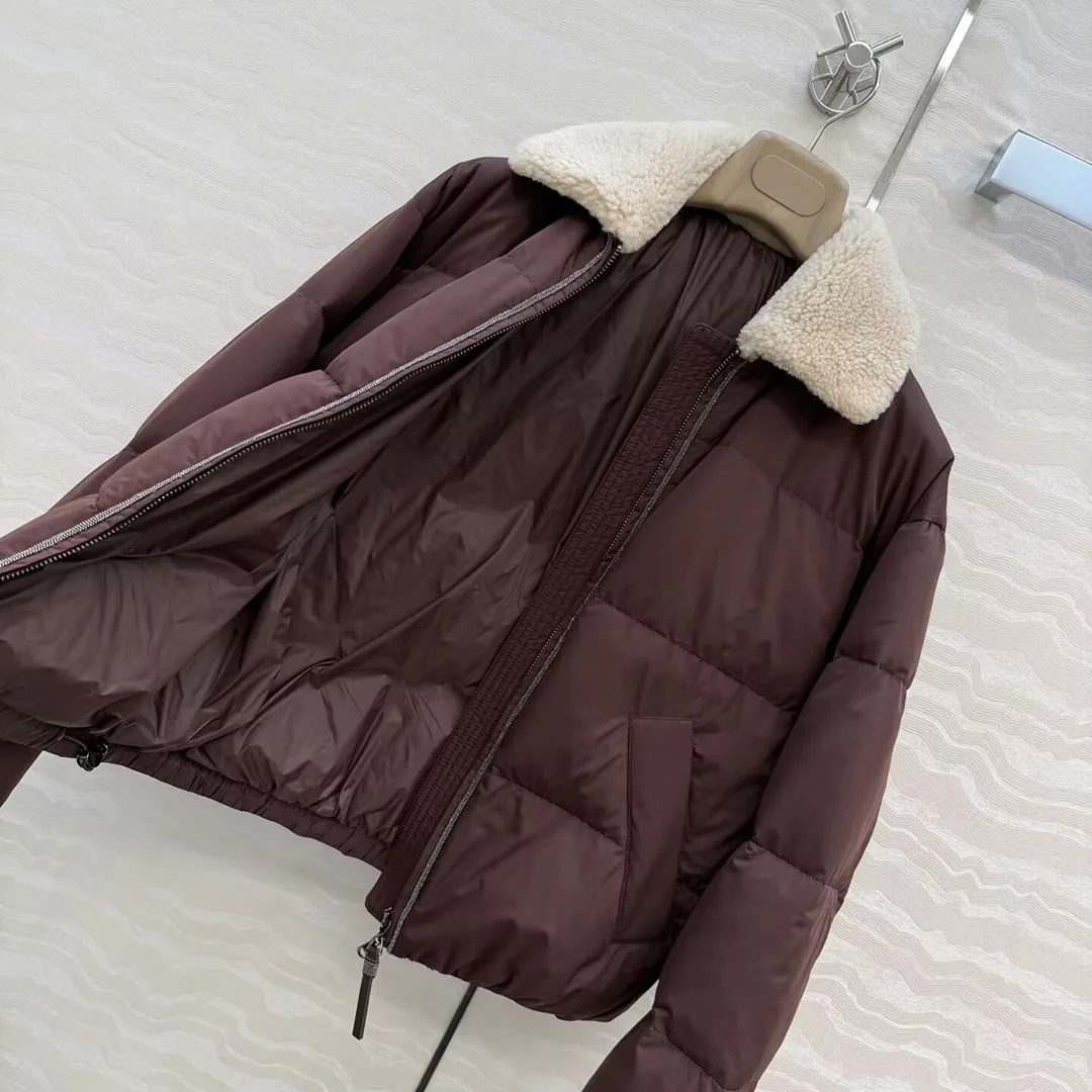 Nieuwe Winter Lamswol Revers Lange Mouw Losse Witte Ganzendons Jas Vrouwen Rits Casual Oude Geld Stijl Leuke Warme Jas