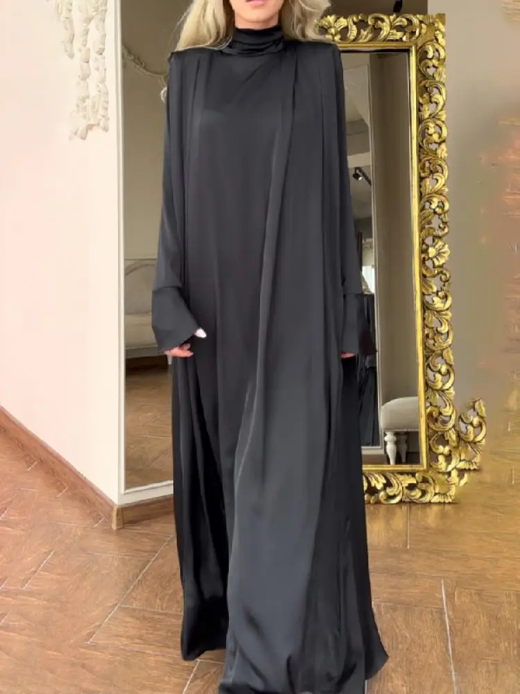 Lemongor Women Indie Folk Solid Color Evening Maxi Dresses 2024 New Spring Flared Sleeves High-neck Muslim Dress Robe Vestioes