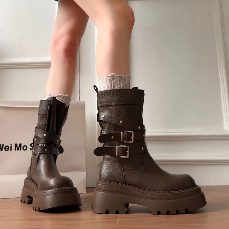 Lined Warm Women Platform Mid Calf Boots Multi Buckle Strap Faux Leather Shoes Casual Autumn Thick Sole Motorcycle Boots