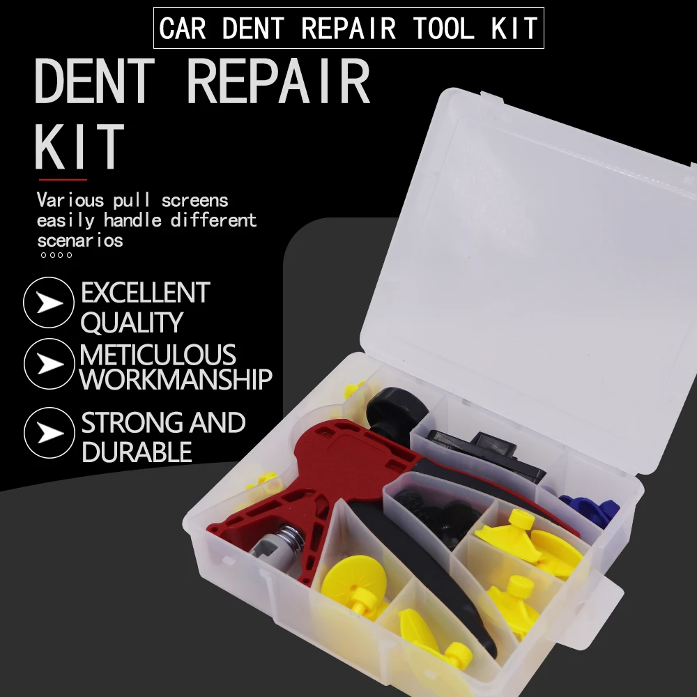 

Car body dent repair tool with pull hammer, dent repair tool head, and no-body-work-and-paint tool; lockable pull head.