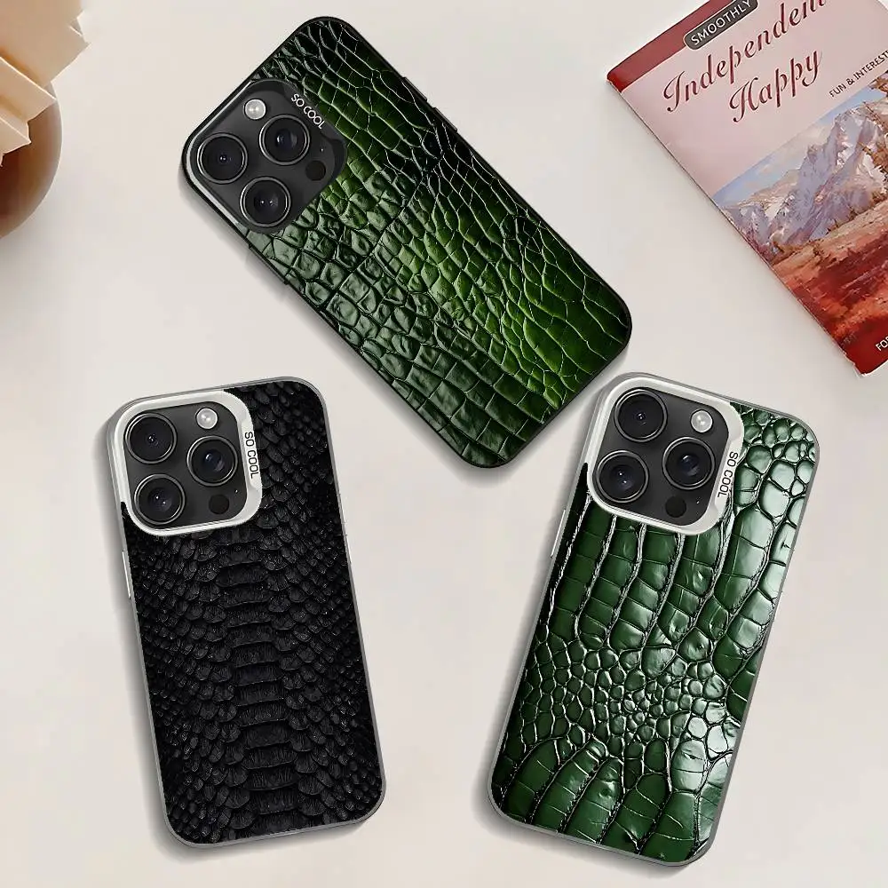 

Luxury Glossy Crocodile Pattern Phone Case For IPhone 17 16 15 14 13 12 11 Pro Max Plus Color Shockproof Back Silver Cover