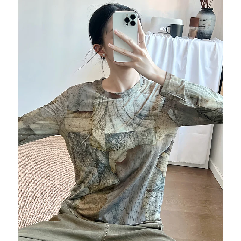MadBlack-Women's European T-Shirt, Sexy O Neck Geometry Print, Fashion Long Sleeve Slim M-2XL Elastic Tee, 2025 Winter T5N605CC