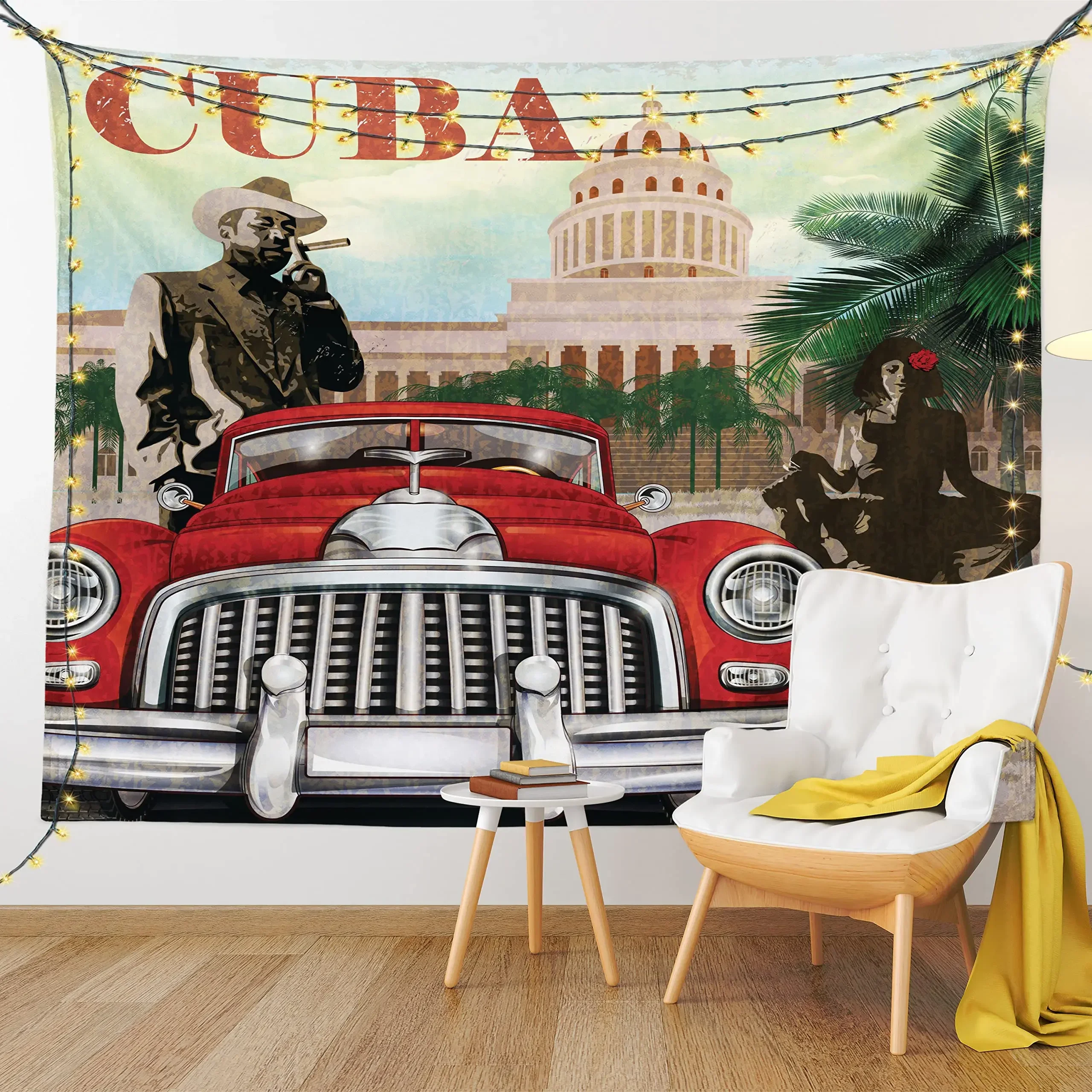 Cuba Tapestry,Country Tourism Advertisement Theme Vintage Design Cigar Smoking Man and Dancing Girl, Wall Hanging Wall Decor