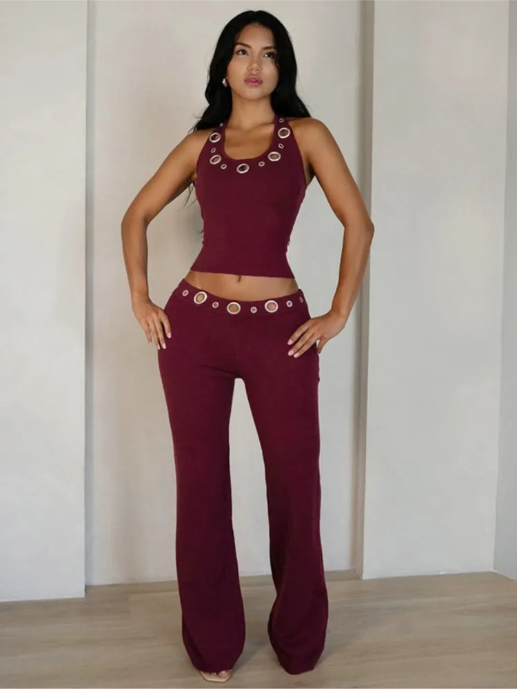 

2025 Street Wind New In Matching Sets Two Piece Outfits 2 Pieces Set Woman Women's Clothing Neck Halter Solid Color Hollow Out