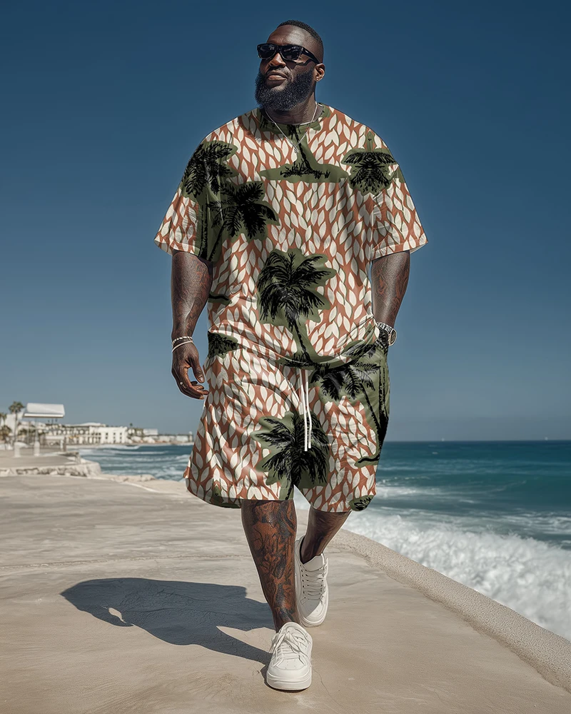 

S-9XL Men's Large Size Retro Palm Tree Geometry Print Short-Sleeved T-Shirt Shorts Two-Piece Set