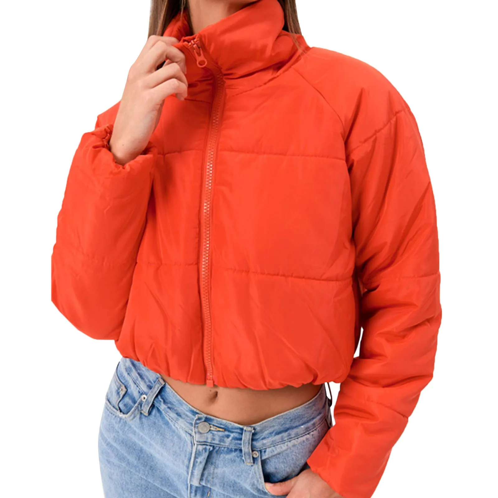 

Women's Solid Casual Jackets Winter Cotton-padded Warm Clothes Short Korean Style Fashion Stand Collar Zip Up Bread Jacket Coats