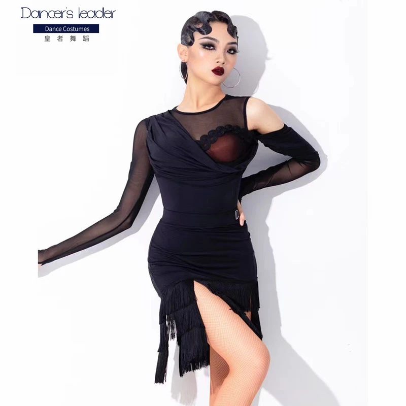 

Latin Dance Dress High-end Customized Long-sleeved Fringed Round Neck Cha Tango Female Adult Stage Professional Clothing