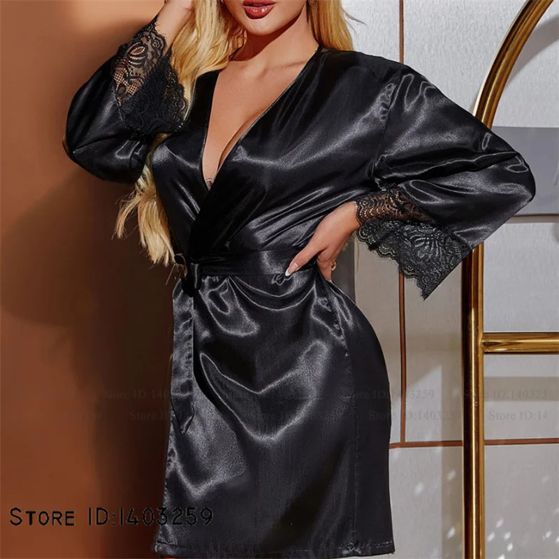 

Sexy Lingerie Sleepwear Women' Ice Silk Robe Loungewear Patchwork Hollow Out Lace Kimono Bathrobe Gown Summer New Loose Homewear