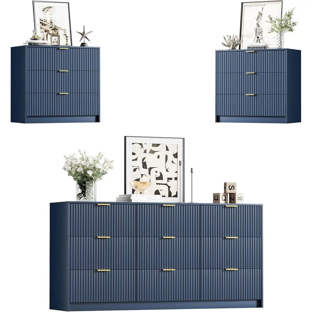 

3-Piece Bedroom Set: 2 Nightstands and Dresser with Gold Handles