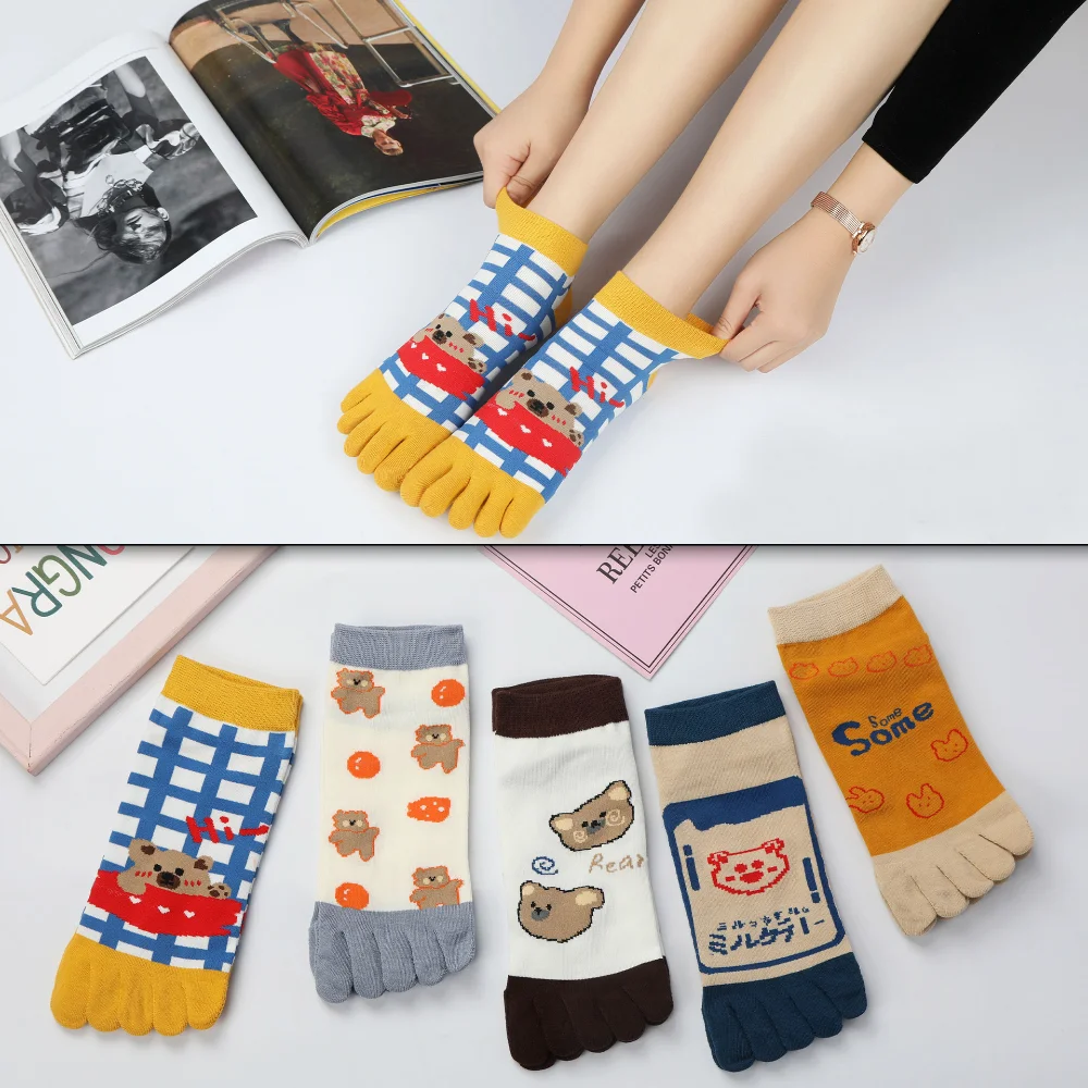 5 Finger Socks Women Girl Cotton 3D Jacquard Vintage Cute Love Colorful Soft Elastic Sweat-Absorbing Toe Happy Socks 4 Seasons