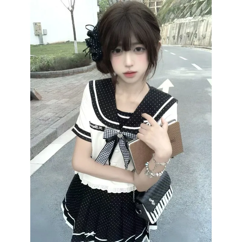 

Sailor Style Two Piece Set Women Sweet Bow Design Tops + Pleated Mini Skirt Outfit Cute College JK Uniform Summer Suit 2026 New