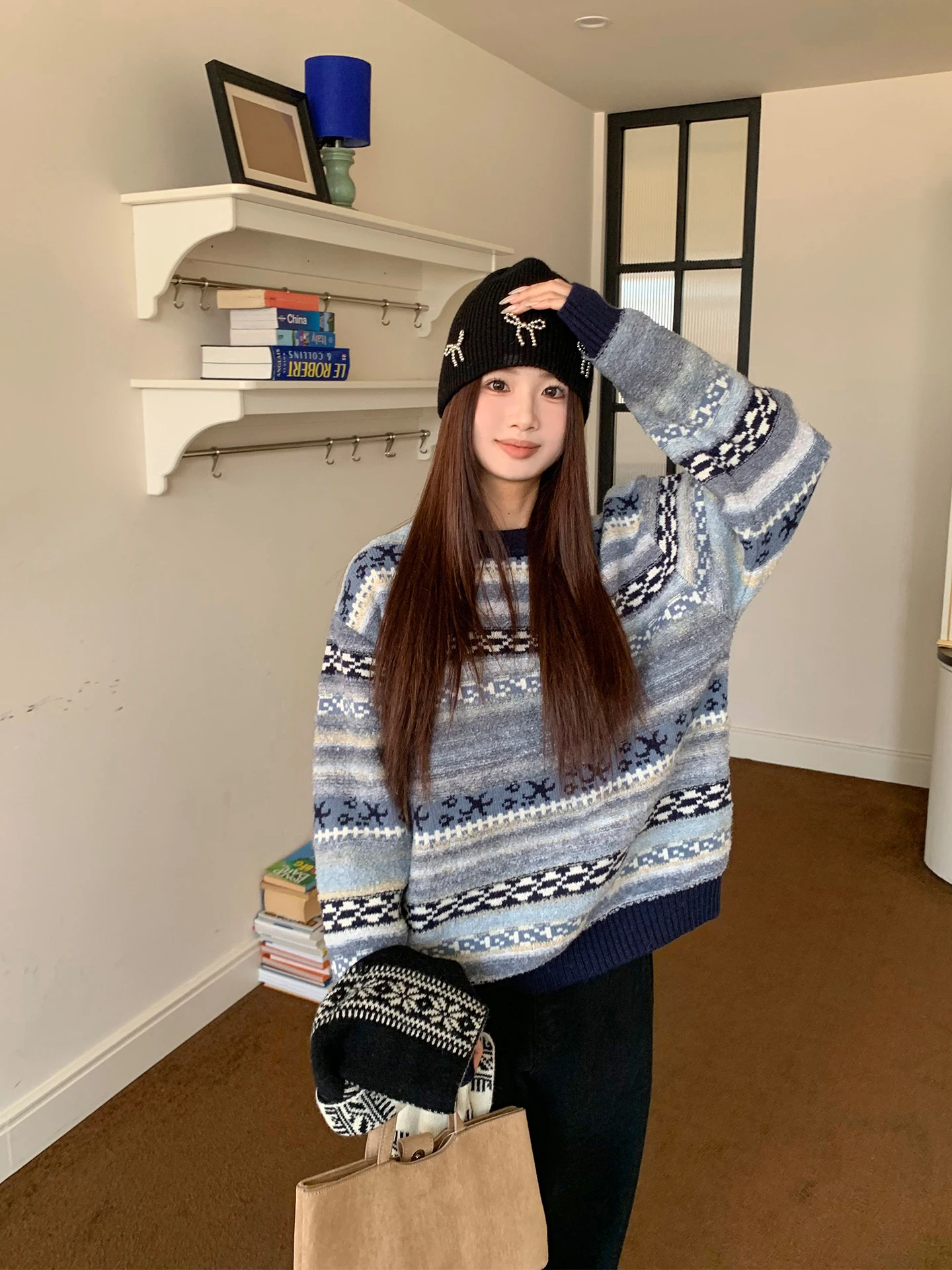 

Женский зимний вязаный свитер в стиле ретро Fair Isle, мягкий, свободный, стройнящий, с винтажным узором Orange Tree Where Is It