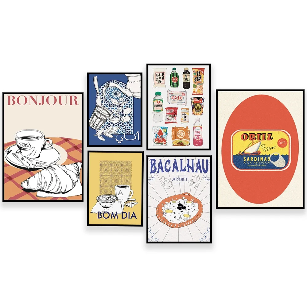 ياباني ، ملصق طعام إسبانية ، رامين ، بوم ديا برتو قهوة ، Thé marocain à la menthe ، سمك ، كرواسون ، سوشي ، تزيين الفواكه