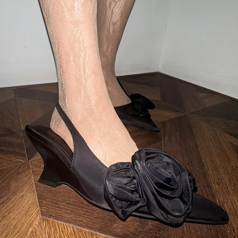 Denim Flower Wedges Sandals Pointy Toe Back Straps Fashion Women Summer Casual Shoes Sexy Lady Unique Street Dress Party Shoes image 3