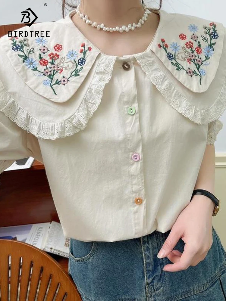 

New Spring Cotton Embroidery Shirt Women 2 Layered Collar Long Sleeve Tops Girl Loose Sweet Commute Blouses 2024 Autumn T44766QC