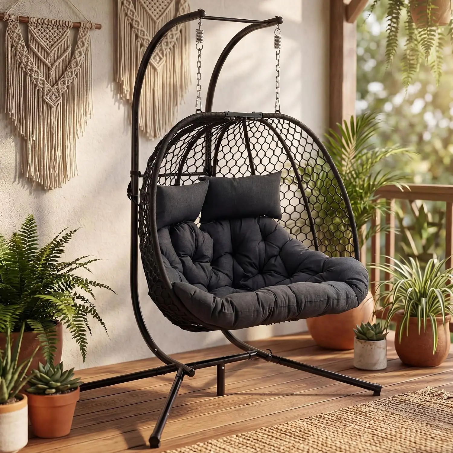 Two Person Outdoor Hanging Egg Chair Woven Rattan Rope Swing Stand Folding Rocking Basket Washable Cushions Black 800lbs Capacit