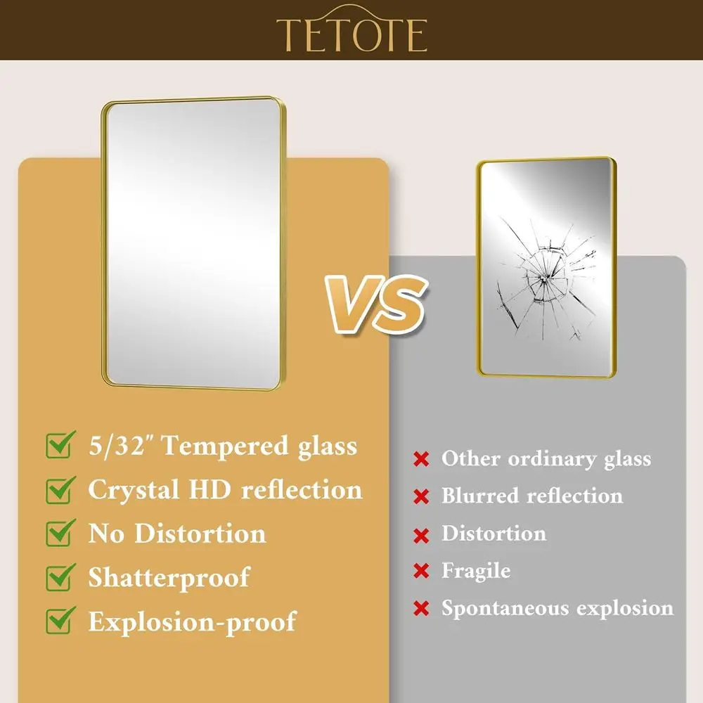 مرآة زينة من الزجاج المقسى مقاس 40 × 30 بوصة مع إطار ذهبي مصقول، قابلة للتثبيت على الحائط لغرف مختلفة #4