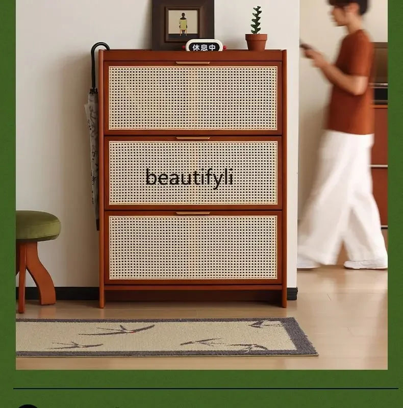 

Rattan shoe cabinet Solid wood household door porch cabinet Small apartment tipping bucket ultra-thin shoe rack