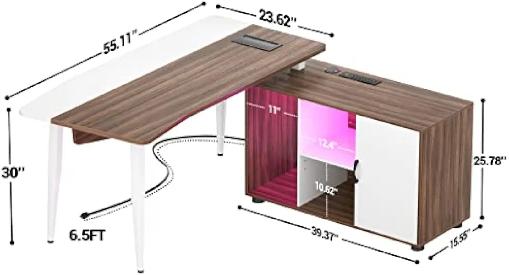 Unikito L Shaped Desk with File Cabinet and Power Outlet, 55 Inch Large Corner Computer Desks with LED Light Strip, L-Shaped