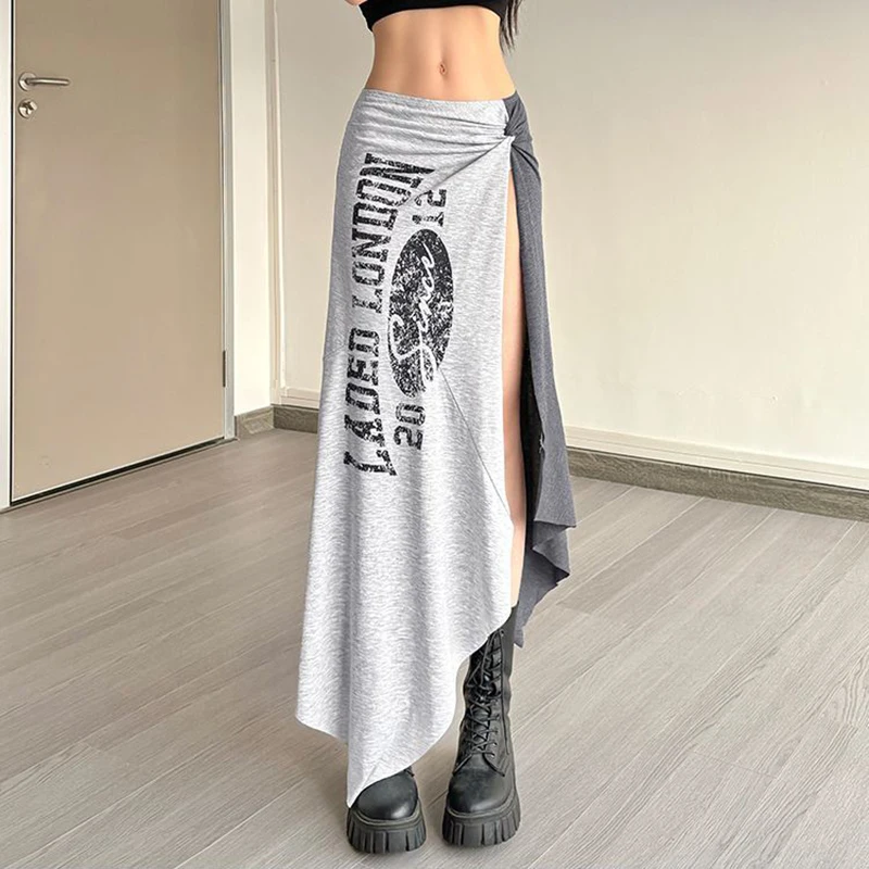 

Fashion Print Side Slit Skirts Women Y2K Streetwear Patchwork Irregular Midi Skirts American High Waist All Match A-Line Skirt