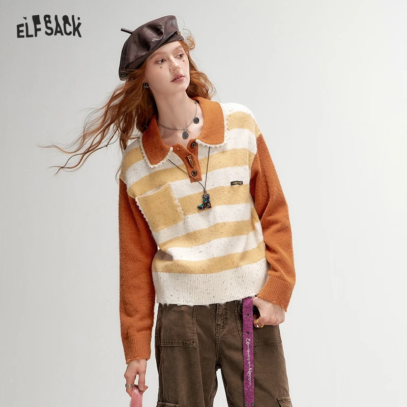 ELFSACK 2024 Autumn New Arrivals Loose and sweet contrast color striped lapel sweater for women