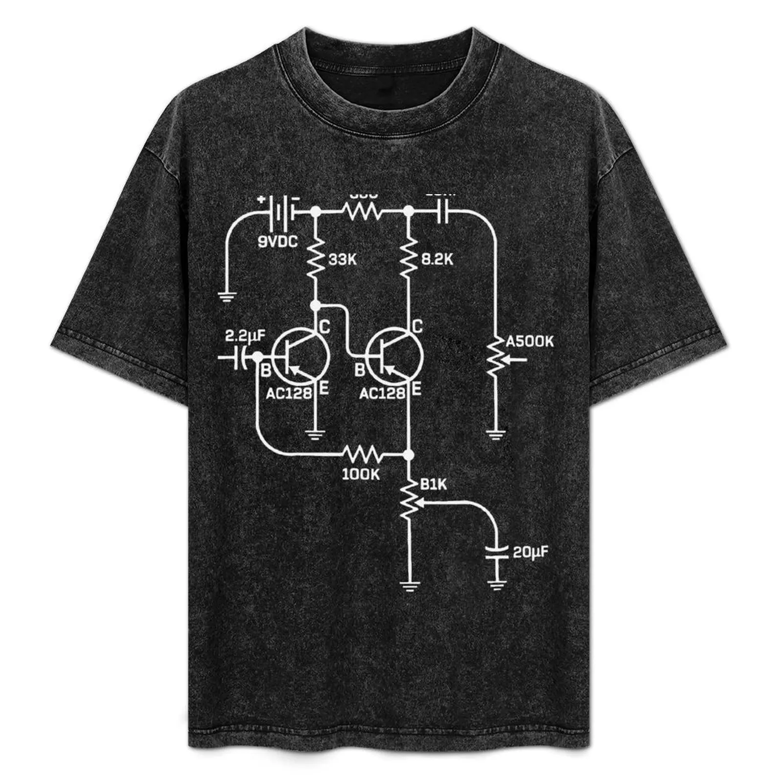 Camiseta con estampado vintage de circuito esquemático de pedal de fuzz, camiseta divertida con diseño de guitarra, cuello redondo