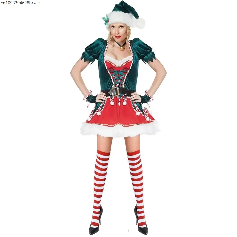 Q1 المرأة عيد الميلاد الجان زي حفلة عيد الميلاد تأثيري مثير فستان عيد الميلاد سانتا كلوز قزم زي X-Mas فستان يتوهم الزي
