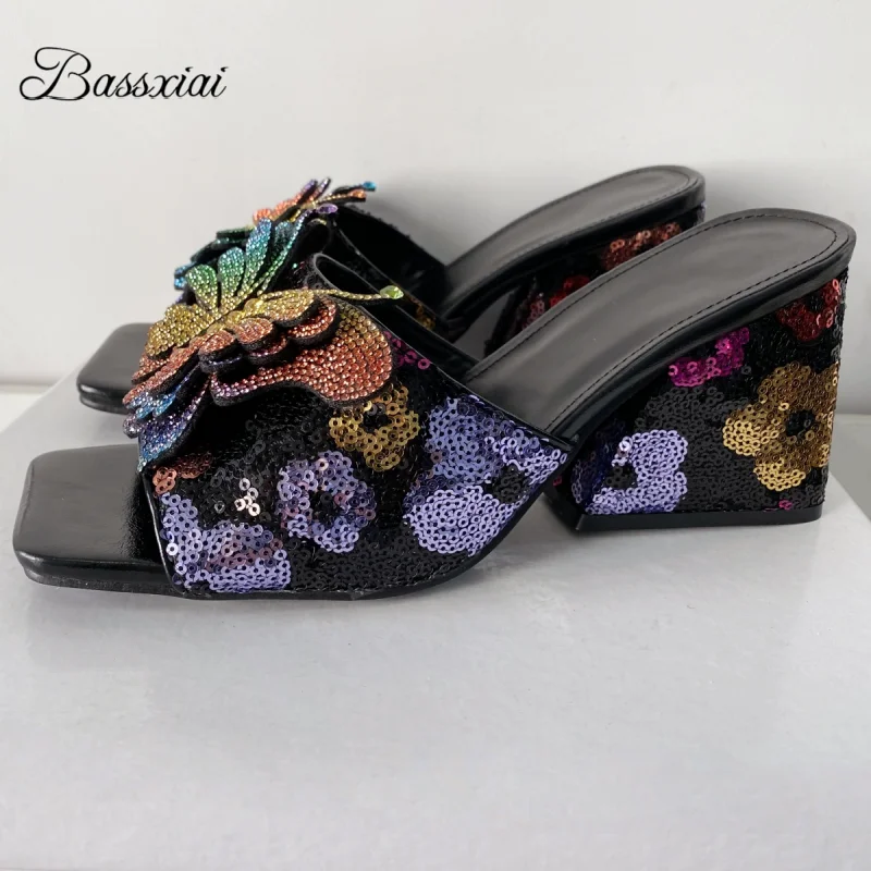 

Bling Sequins Block Chunky Heel Summer Mules Slingbacks Square Toe Colorful Crystal Butterfly-Flower Sandals Women