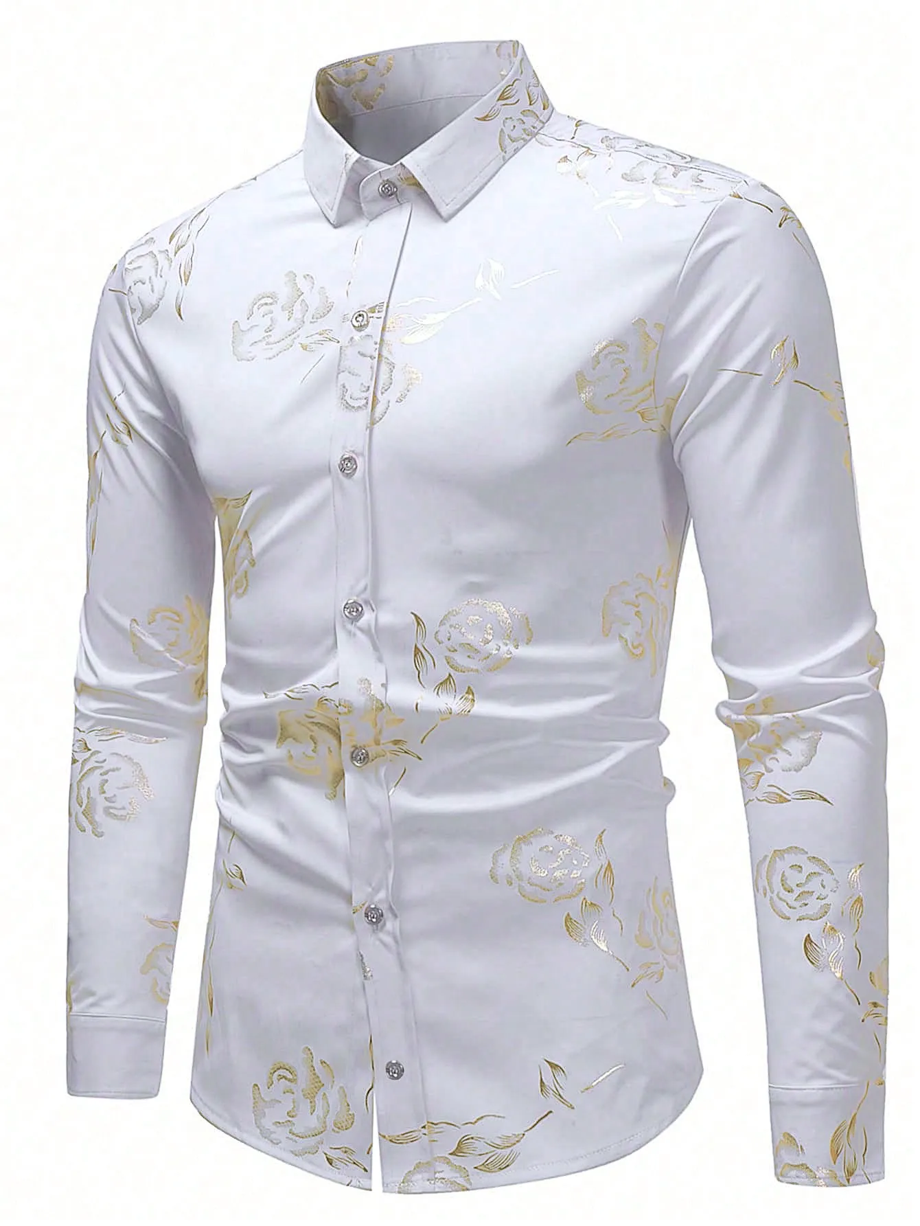 

Men's White Long Sleeve Button-Up Shirt with Gold Rose Jacquard Pattern