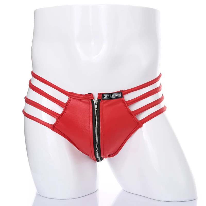 Ropa interior Sexy de CLEVER-MENMODE para hombre, Tanga de cuero sintético, BDSM, suspensorio con cremallera, lencería erótica, bragas de cuerda