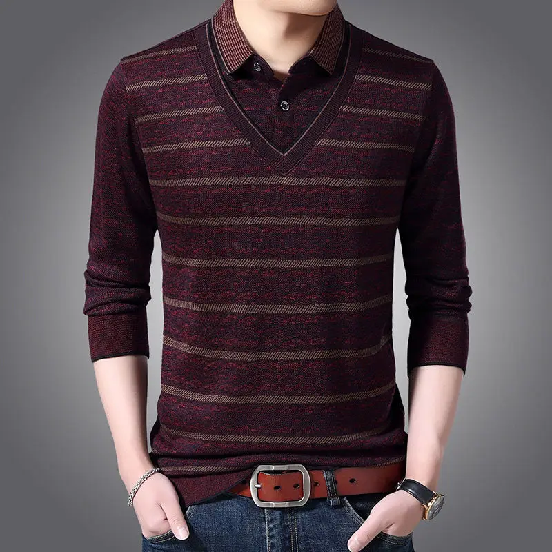 Fashion Vintage Men Knitted Striped Polo Shirts Spring Autumn Male Clothes Business Casual Loose Long Sleeve Basic Versatile Top