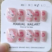 10Pcs Girls Cute Hello Kitty Pochacco Handmade Press on Nails Cartoon French Short False Nails Wearable Manicure Nail Tips Art