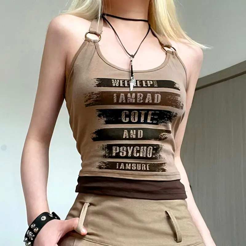 

American Retro Letter-print Halter Vest Ring Buckle Splicing New Summer Design Make A Skinny Spice Top Trend Ventilate Comfort