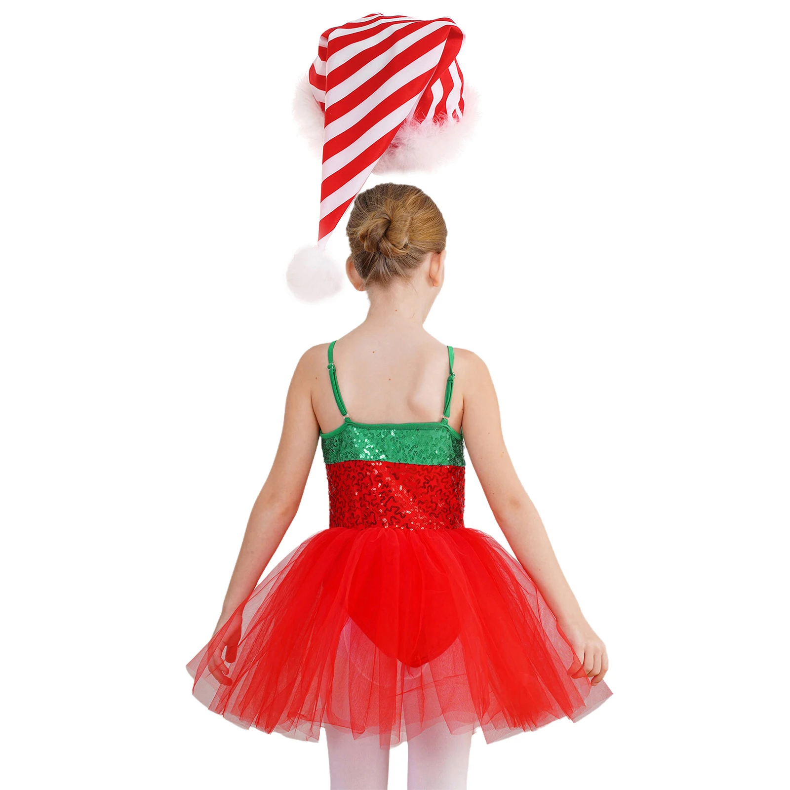 # 6-16 Kinderen Meisjes Kerstmis Nieuwjaar Juichende Jurk Set Pailletten Tutu Mesh Turnpakje Jurk met Hoed voor Vakantie Festival Feestjurk