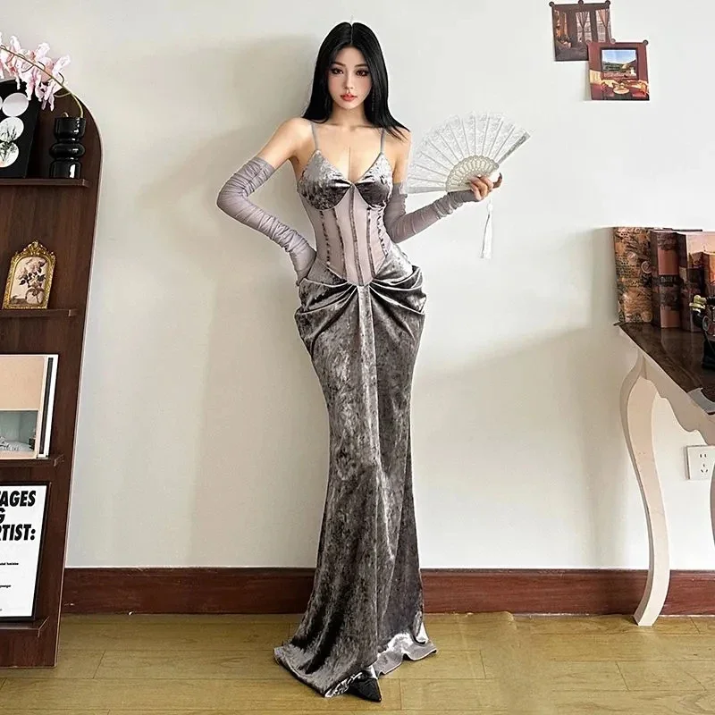 Fashion Velvet Women Camis Dress Y2K Sexy Slim Spaghetti Straps All Match Midi Dress Korean Chic Pleats Party Club Long Dress