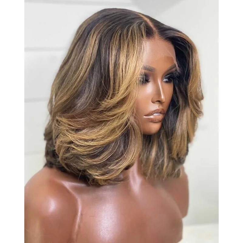 Blonde Highlight Human Hair BOB Wigs Lace Front Wig Short Layered Glueless