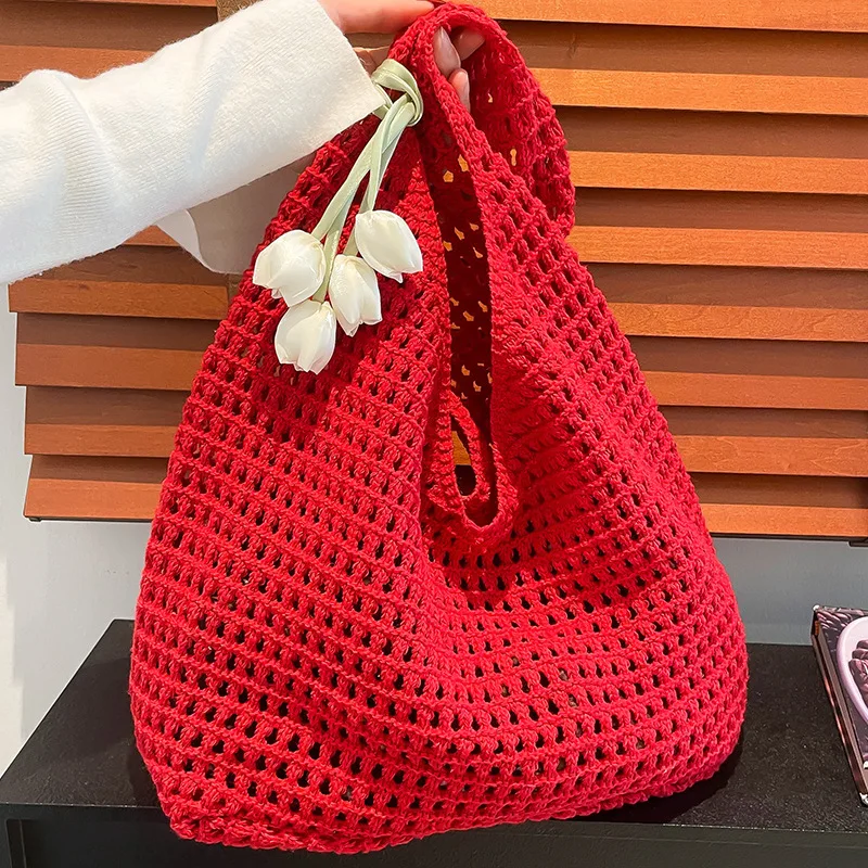 

New Summer Casual Large Capacity Cotton Thread Woven Bag Hollow Straw Woven Bag Lazy Style Shoulder Bag Beach Bag Women's Bag