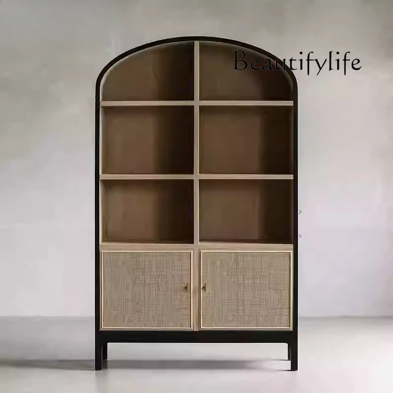 

Japanese-style medieval ash wood floor-to-ceiling bookcase household living room wall rattan display cabinet