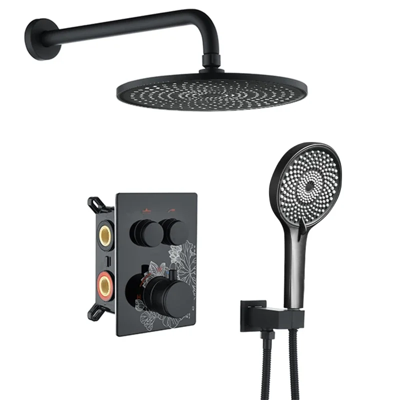 New Thermostatic Multi-function Rainfall  shower set Concealed black Shower System Set with 10 inches shower head