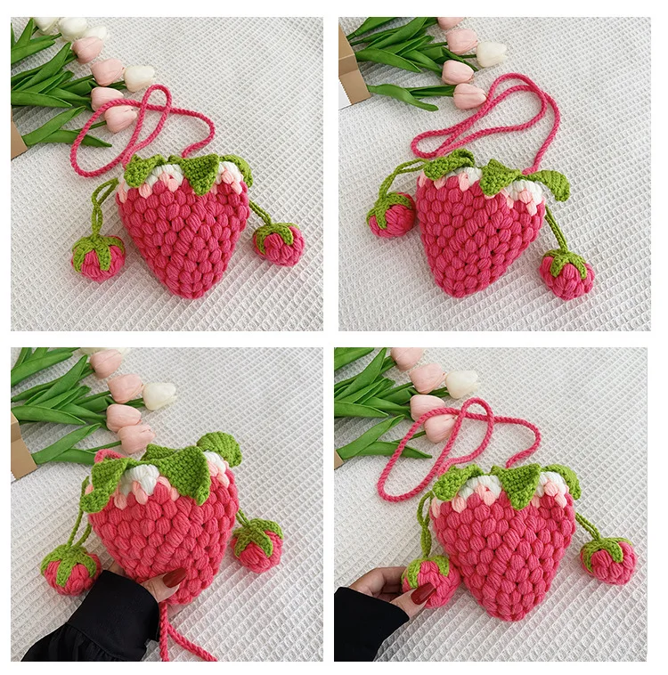 Handmade Crochet Strawberry Crossbody Bag Mini Knitted Drawstring Purse Cute Kids Women Shoulder Coin Bag