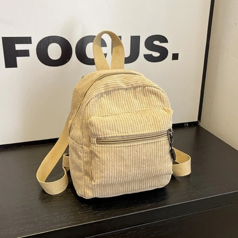 Forest Series Solid Color Corduroy Mini Backpack Zipper Multi Pocket Double Shoulder Bag Vintage Portable Daypack College