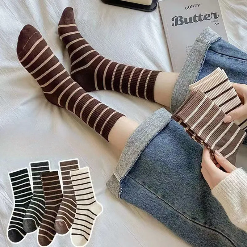 5켤레 여성용 중간 길이 발목 양말 세트 여성 가을 스트라이프 캐주얼 롱 하이 양말 패션 한국 스타일 슬라우치 양말 2025