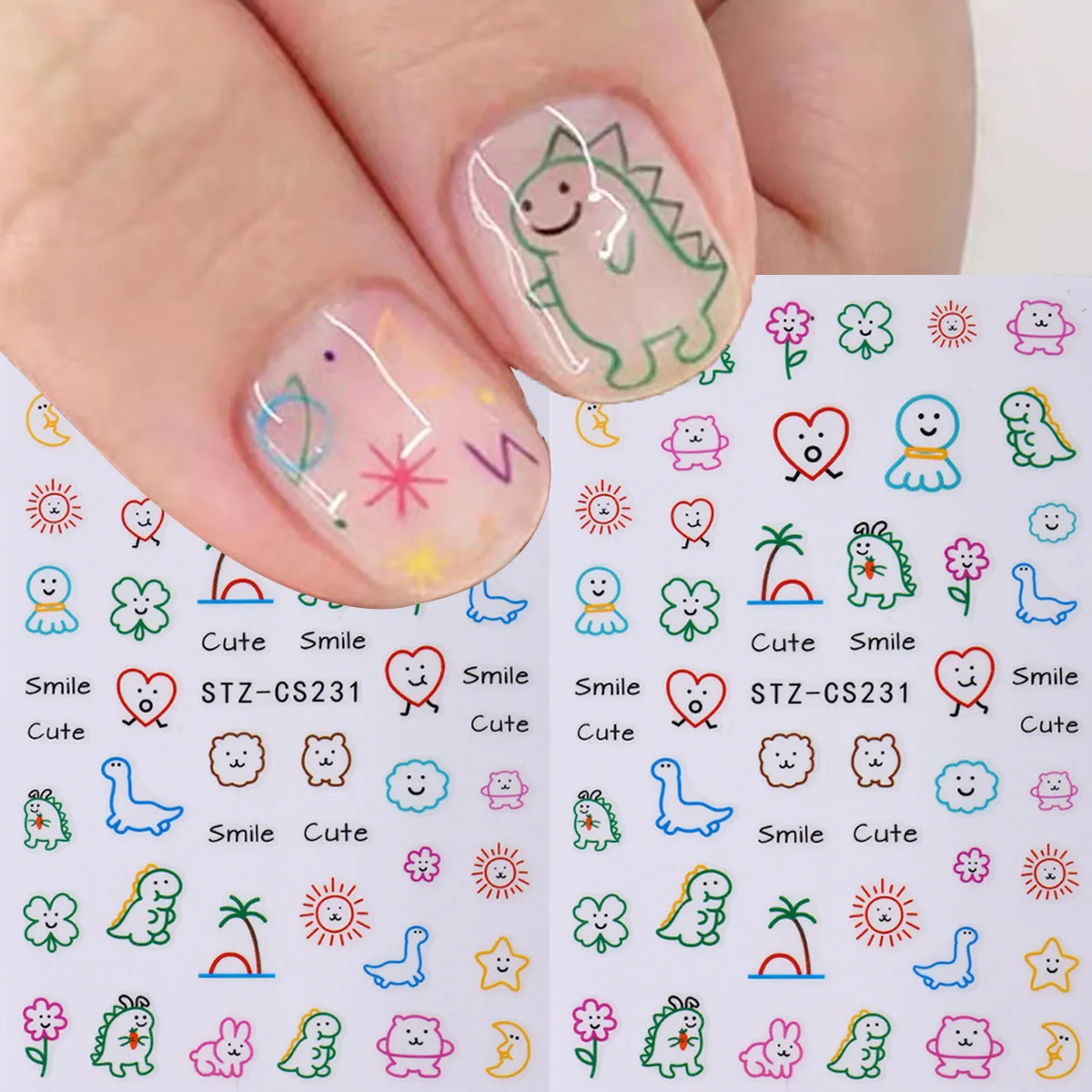 2 Stück Niedliche Dinosaurier-Nagelkunst-Aufkleber im Japanischen Stil Sonnengesicht Selbstklebende Abziehbilder Sommer-Kokospalmen Buchstaben-Blumen-Dekoration