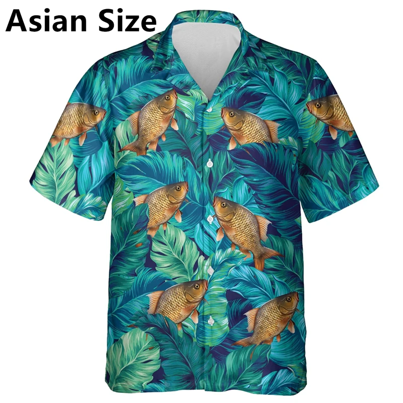 Casual Fish Graphic Hawaiian Shirts For Men Summer Fashion Short Sleeve Lapel Button 3D Printed Shirt Loose Outdoor Blouse Tops