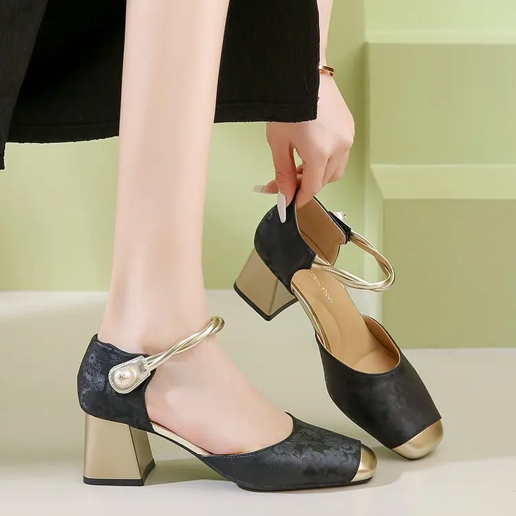 Beige Heeled Sandals 2024 Women's Shoes Closed Toe  Black High New Comfort Fashion Summer Block Square Girls Multicolored